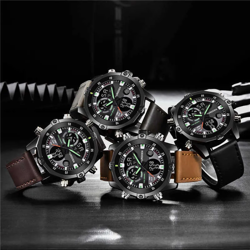 2021 мужские спортивные часы двойной дисплей аналоговые цифровые светодиодные кварцевые наручные часы военные часы кожаные секундомеры Relogio Masculino G1022