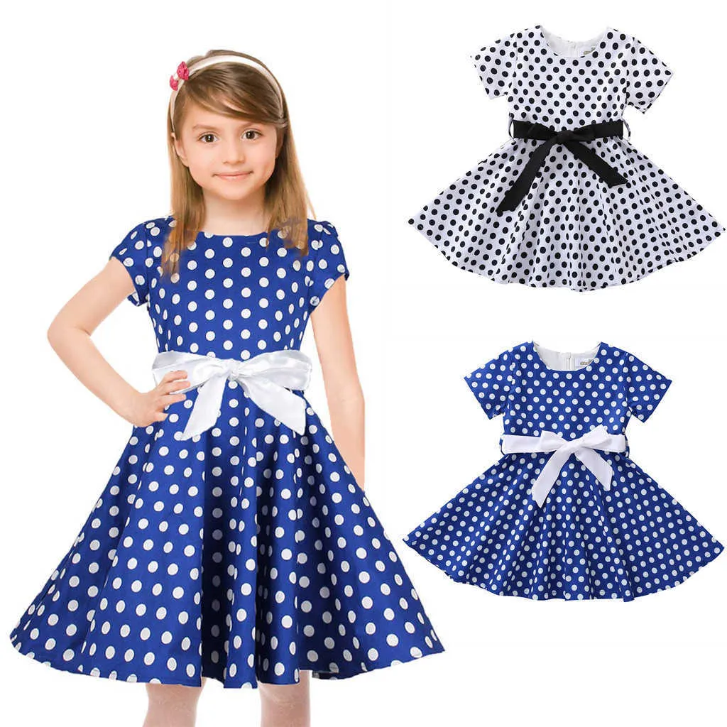 Enfants Filles Robe Polka Dot Vintage Princesse Robe Swing Rockabilly Robes De Fête Enfants Vêtements Coton Mélange Bandage Robe Q0716