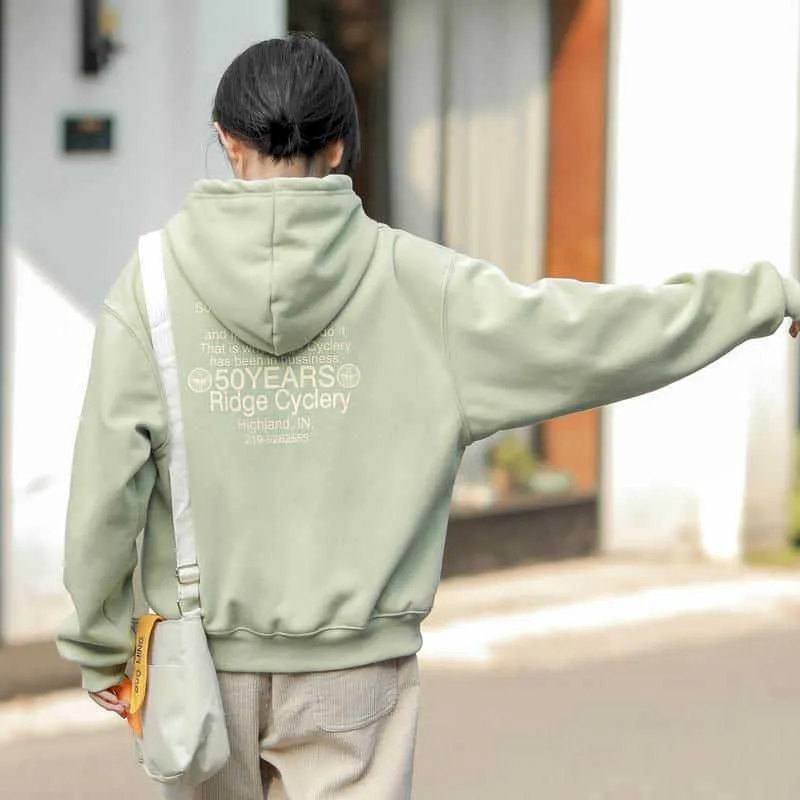 Mulheres de capuz verde Solta estilo coreano mais veludo grosso curto-mangas compridas com capuz top outono inverno suéter 210526