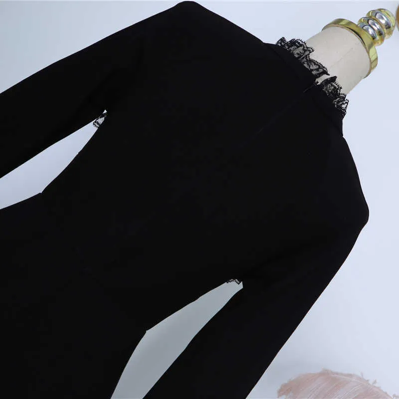 Być może U Black Lace Ruffle Dress Button Z Długim rękawem Linia Elegancka Mini Dress Kobiety Wiosna Lato D3086 210529
