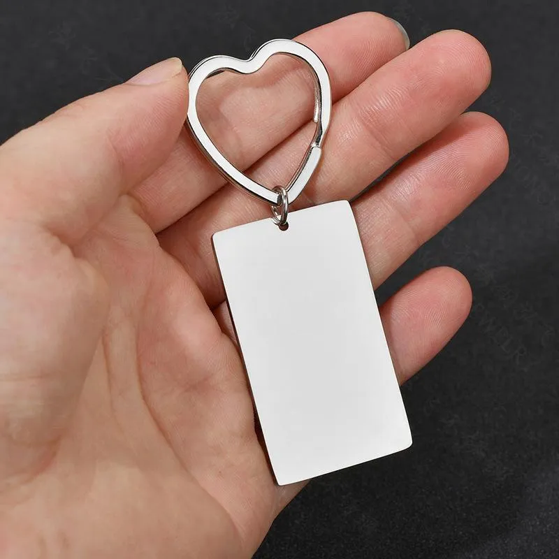 Keychains 100% Stainless Steel Rectangle Key Chain Blank For Engrave Metal Charm Heart Ring Mirror Polished Whole 336v