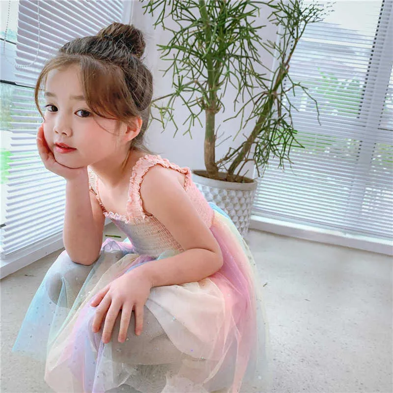 Mädchenrock Regenbogen Crinkle Mesh Hosenträger Prinzessin Tutu Kleid Sommer neues Kinderkleid