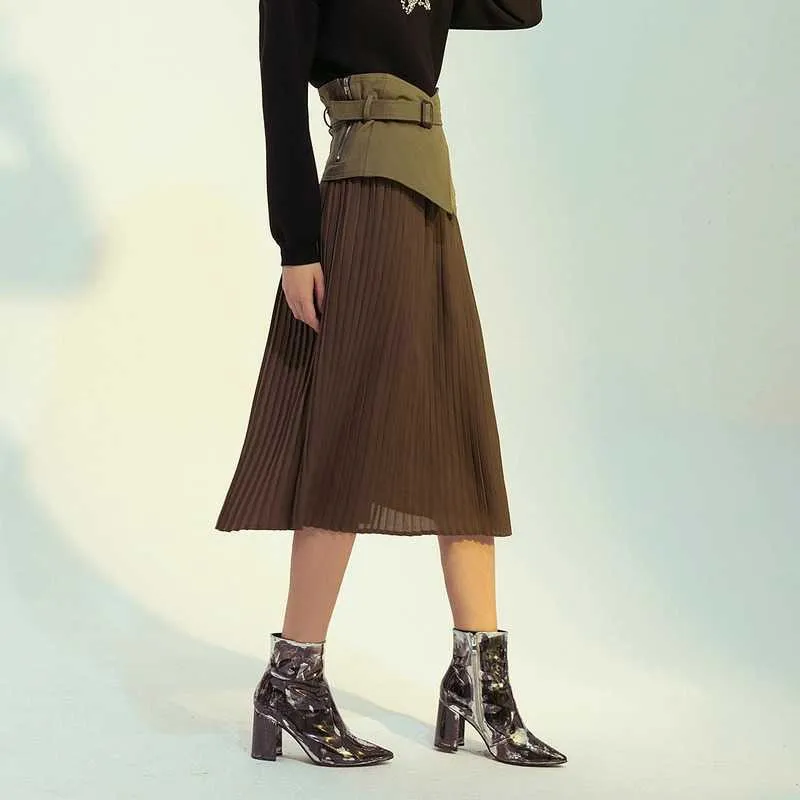 Printemps plissé femmes longues jupes Patchwork faux deux pièces Mujer Faldas mode coréenne a-ligne Design vêtements 13A080 210525