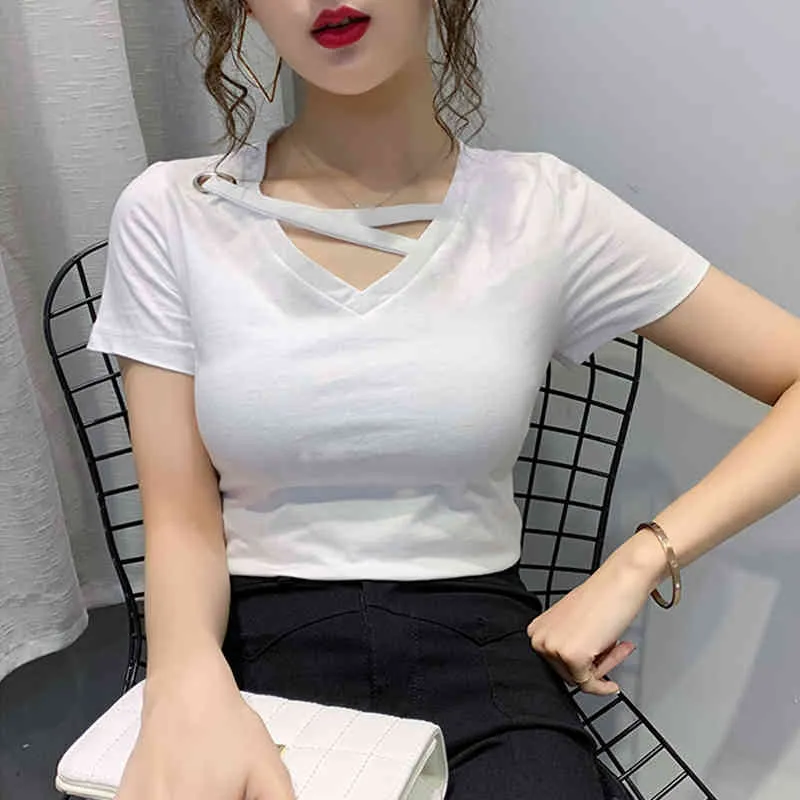 Women V-neck T-shirt Short-sleeved Solid Korean Cross band Collar Sexy Fashion T-shirts Woman Wild Tees Female Tops Pink LS367 210506