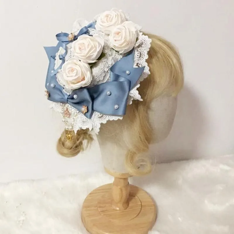 Chapeaux à bords avares Japonais Lolita Sweet Lace Mini Top Hat Perle Ruban Perlé Bowknot Rose Fleur Fascinateurs Anime Cosplay Cheveux Ac246D
