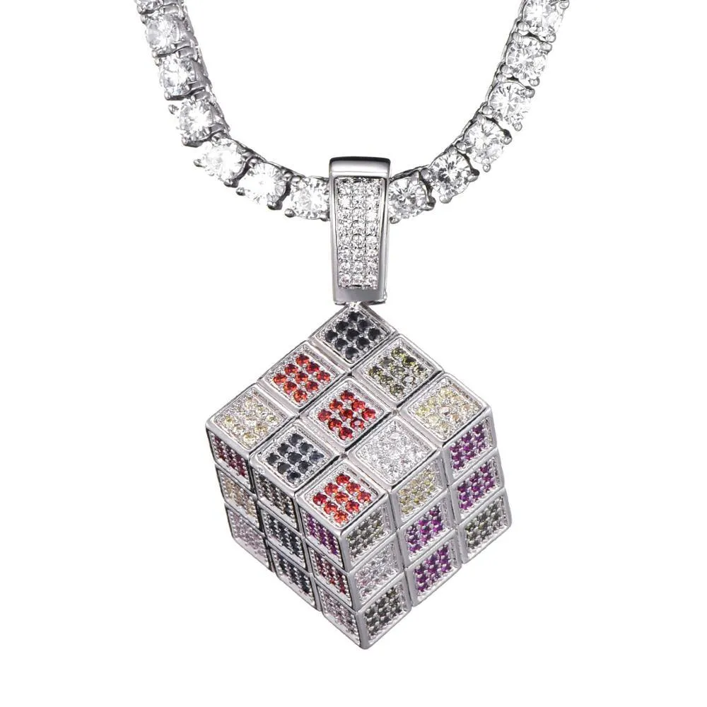 Pendentif Cube magique glacé multicolore, collier en Zircon cubique Micro pavé pour hommes et femmes, cadeaux à la mode, bijoux Hip Hop X0509284T