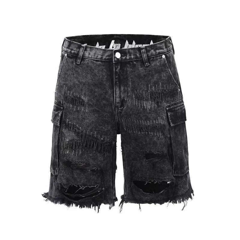 Men's Shorts High street style loose straight tube knife cut big holes, burr tassels, washed cat beard shorts