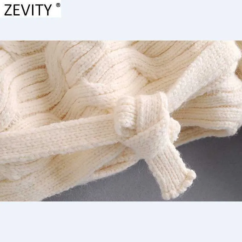 Zevity Mulheres Vintage Cruz V Pescoço Torção Crochet Curto Tricô Sweater Femme Chic Hem Bow Amarrado Cardigans Casuais Tops S685 211011