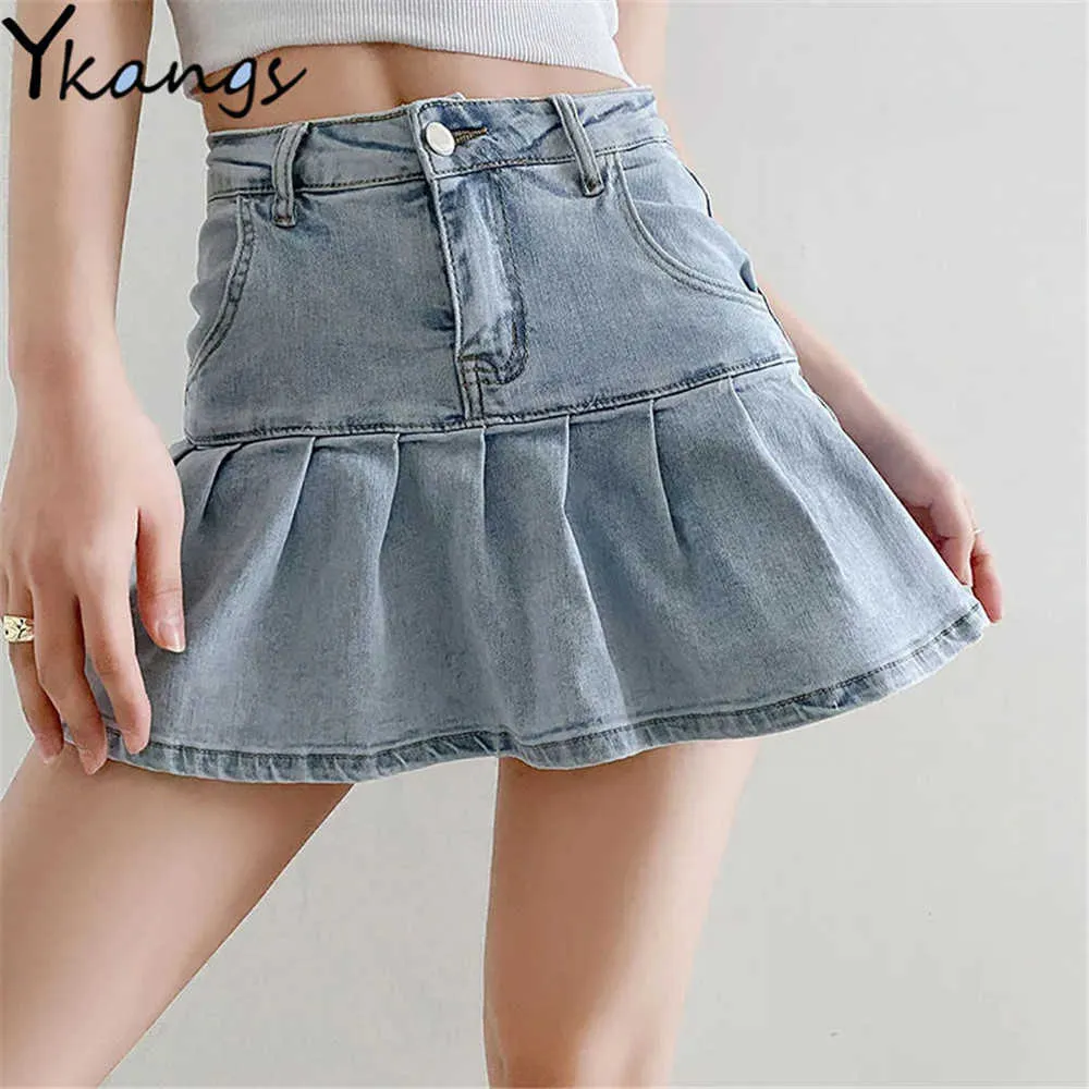 Harajuku punk y2k dżinsowy mini plisowana spódnica damskie letnie dżinsy z wysokiej talii spódnice Kobiety marszczenia mody koreańskie streetwear 210619