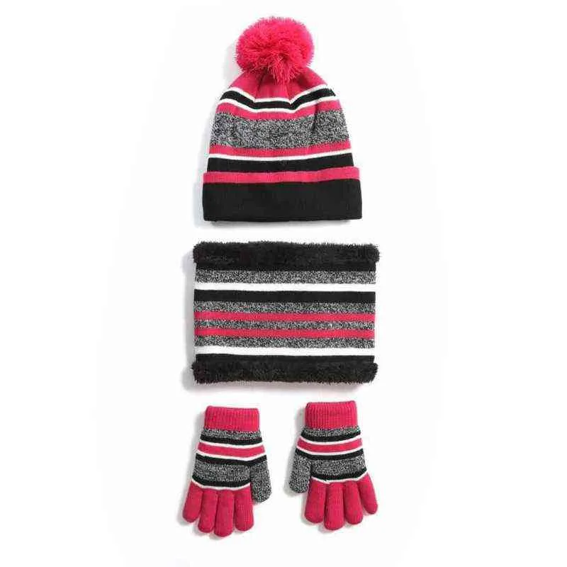 Enfants hiver tricot 3 pièces bonnet chapeau écharpe gants ensemble contraste couleur rayé épais peluche doublé pompon crâne cache-cou