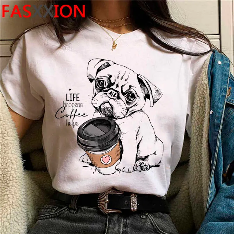 Kawaii Pug Harajuku Komik Karikatür T-shirt Kadın Pug Anne Grafik Sevimli Anime Tişört Köpek Streetwear T Shirt Ullzang Üst Tees Kadın X0628