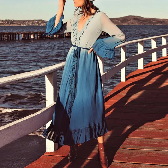 Frauen Kleid Patchwork Chiffon Rüschen Langarm Hohe Taille Blau Vintage es Plus Größe Böhmischen Strand es 210513