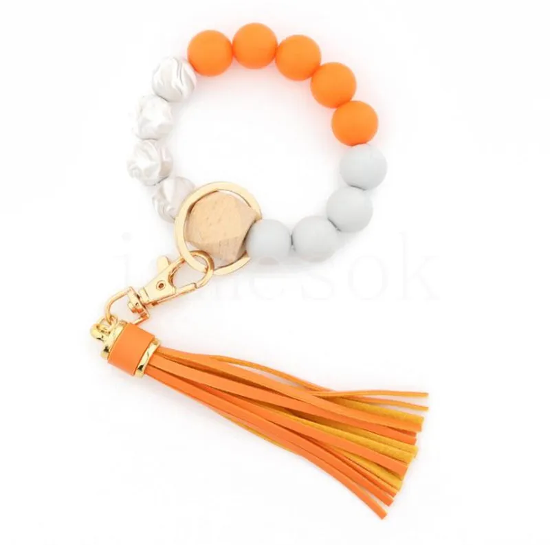 14 Style Wood Silica Gel Beaded Armband Keychain Loss Prevention Tassel Key Ring Pendant Pure Multicolor Valfritt DD532