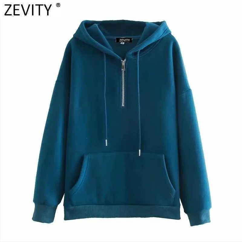 Zevity Women Fashion Zipper Decoration Casual Loose Fleece Sweatshirts Female Basic Pockets Hoodies Chic Pullovers Tops H522 210603