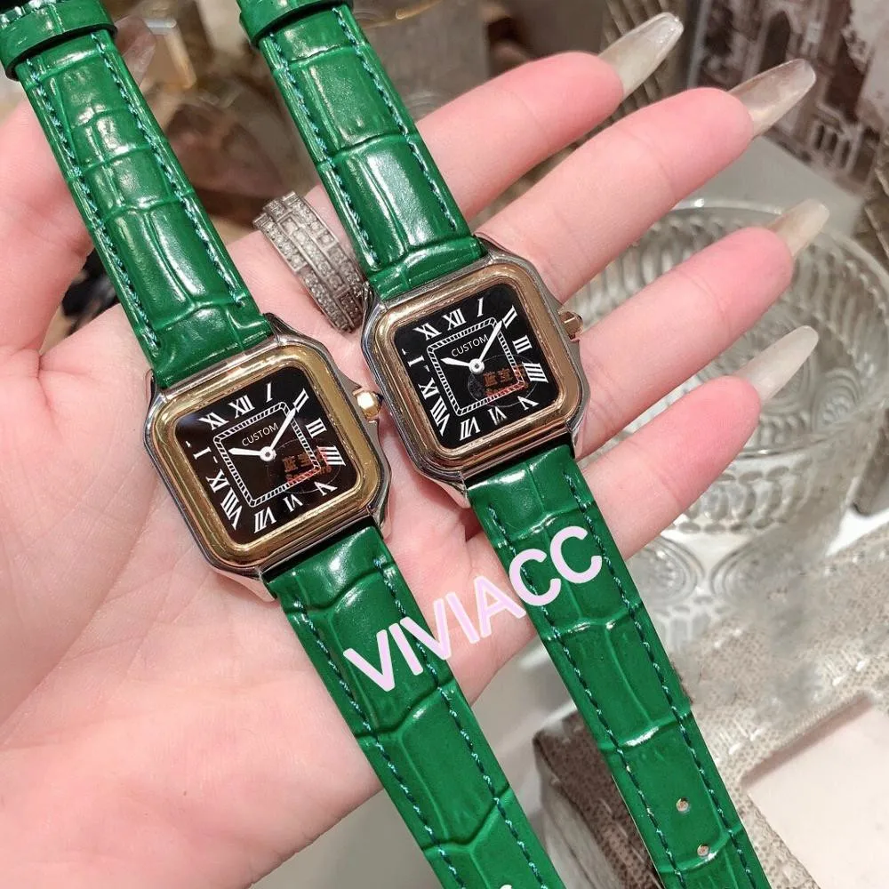 Nieuwe klassieke ontwerp groen lederen panthere horloge vrouwen geometrische vierkante quartz klok saffier Romeinse nummer Panther horloges 27mm