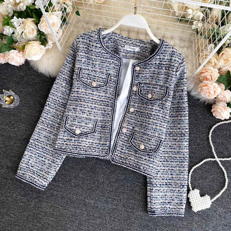 High Quality Korean Vintage Tweed Jacket Coat Women Autumn Plaid Slim Woolen Jackets Streetwear Outwear All-match Short Top 210514