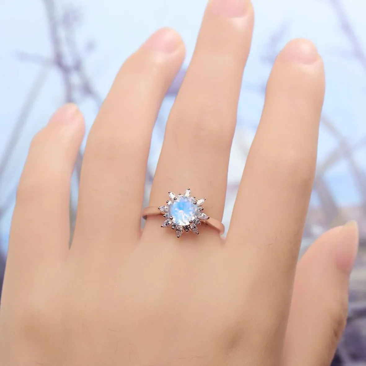 Beautiful 925 Sterling Silver Jewelry Roun Cut 7mm Rainbow Blue Natural Moonstone Engagement Wedding Ring For Women Gift