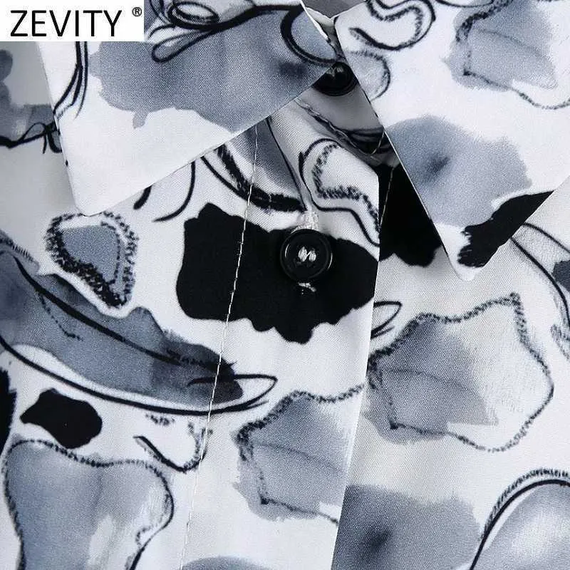 Zevity Women Vintage Bläck Graffiti Print Smock Blus Kvinna Casual Fickor T Shirts Chic Business Kimono Blusas Tops LS7714 210603