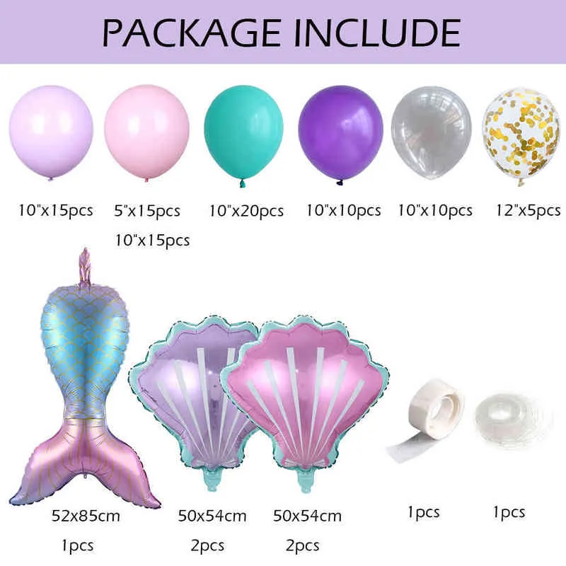 97 sztuk Mermaid Party Balloon Garland Arch Kit Purple Pink Shell Mermaid Ogon Helu Globos Baby Shower Urodziny Dekoracji 211216