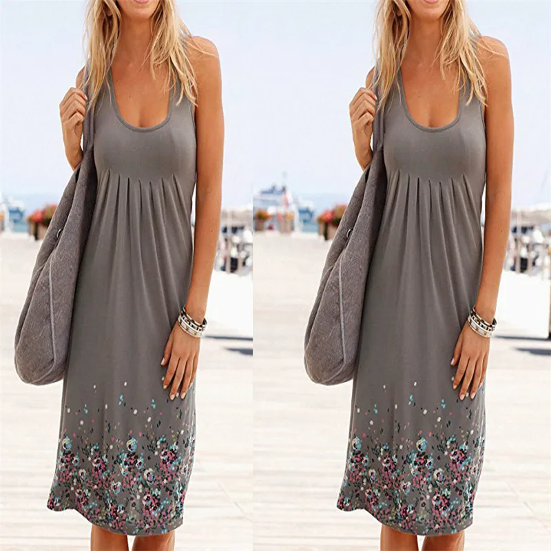Oufisun Womens Plus Size Dress Summer Bez Rękawów Elegancki Boho Beach Es Fashion Flower Print Off-Bore Loose Mini 210517