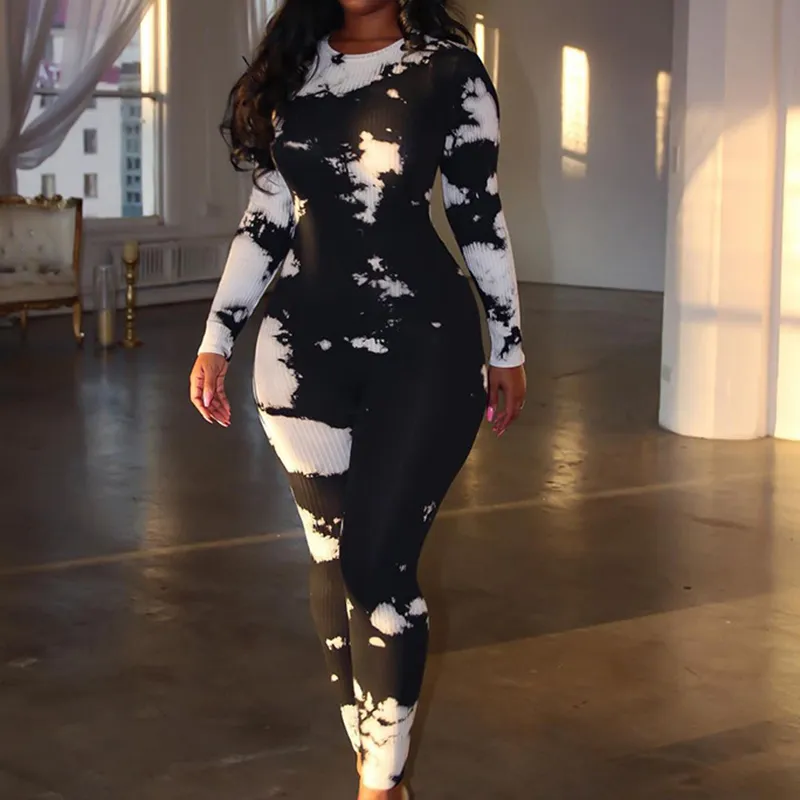 Fall Winter Fashion Black And White Tie Dye Print Ribbing Jumpsuit Womens Clothing Round Collar Long Sleeve Bodycon Sexy Rompers 210517