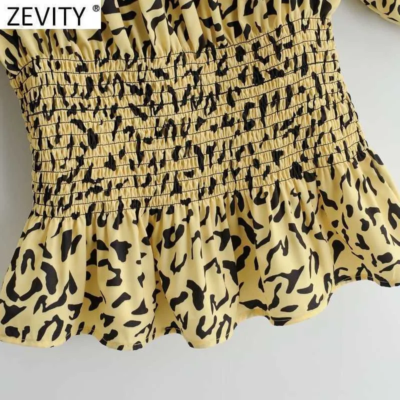 Zevity Women Vintage Square Collar Leopard Drukuj Elastyczne Smock Bluzka Kobieta Rękaw Puff Slim Koszula Chic Blusas Topy LS7646 210603