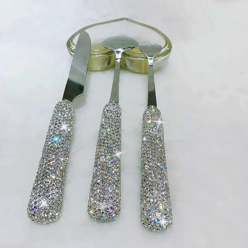 3 -częściowe zestawy Bling Rhinestones sztućce domowe stek stek ze stali nierdzewnej Diamond lnife widelec łyżka kuchenna przyjęcie stołowe 210163S