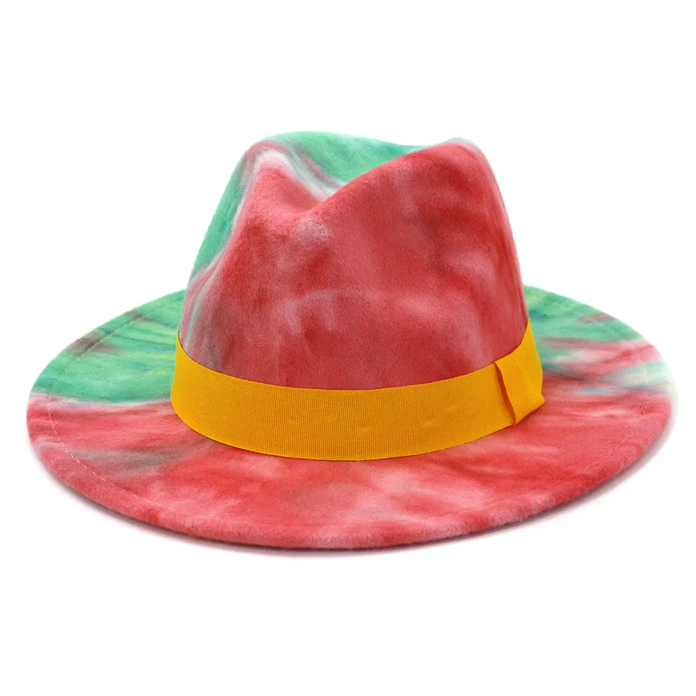 أزياء مسطحة Brim Jazz Felt Hat وصول جديد سيدة عصرية ملونة TIE DYE Panama Faux Wool Wool Fedora Hat Cap with Yellow Band244o