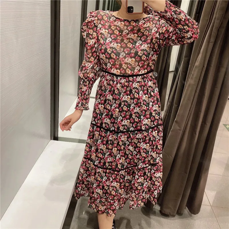 Floral Print Midi Sukienka Kobiety Vintage Kontrast Velvet Bands Wzburzyć Szyfon z długim rękawem Damska impreza 210519