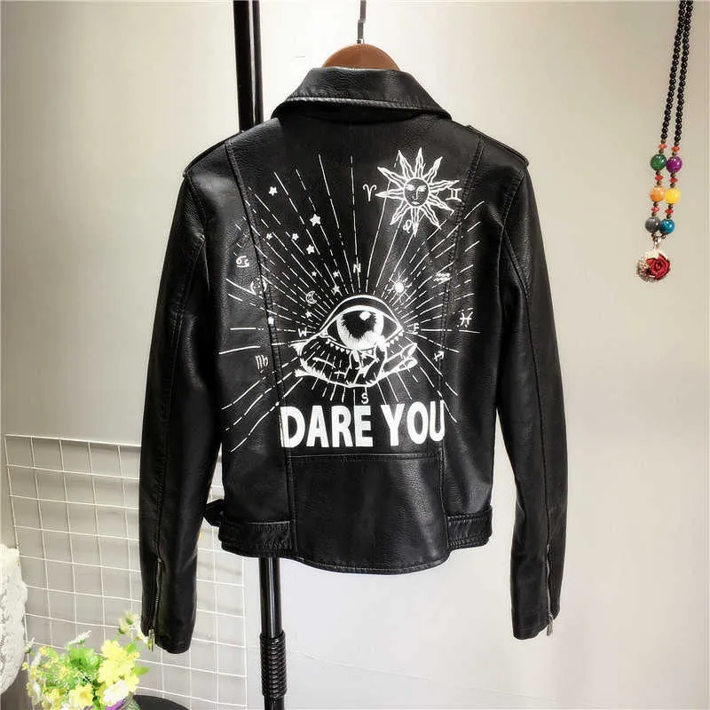 LY Varey Lin Kobiety Biker Kurtki Faux Skórzane Print Płaszcze Czarne Nit Motocykl Kurtka Streetwear Zamek błyskawiczny Epoulet Outwear 210526