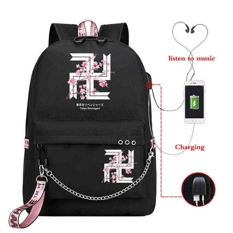 Borsa da scuola ragazze Tokyo Revengers Cherry Blossom Anime Bookbag Zaino Ricarica USB Teenager Girl Manga Schoolbag Mochilas