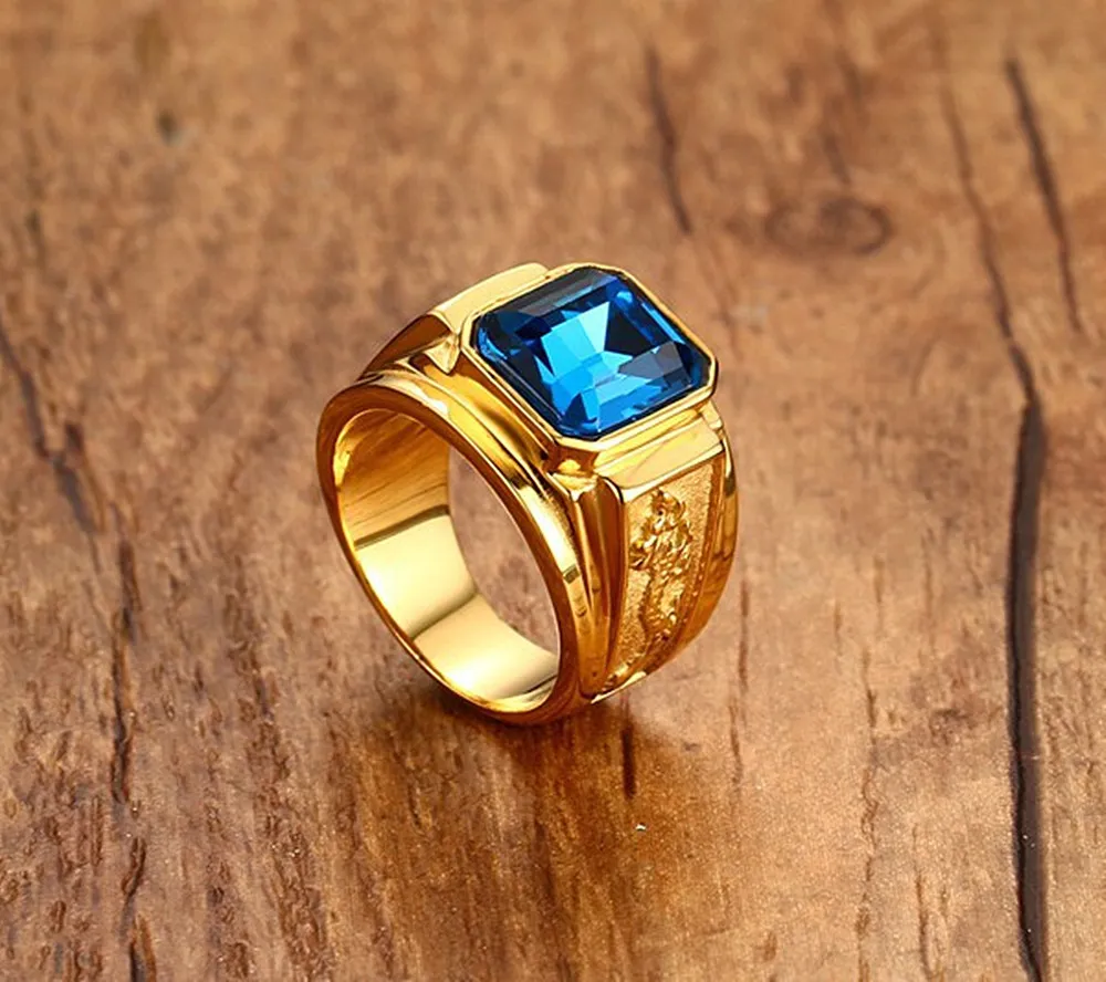 Saphir rubis pierres précieuses bleu rouge zircon diamants anneaux pour hommes ton or 18 carats en acier inoxydable dragon bijoux bijoux cadeau de mode