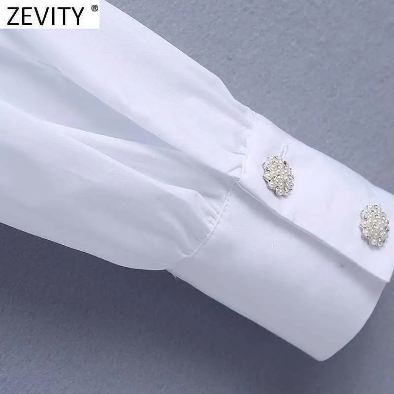 Zevity Donna Dolce Agaric Lace Camicetta grembiule bianca Office Ladies Manica a sbuffo Bottoni con diamanti Camicie Chic Blusas Top LS7709 210603