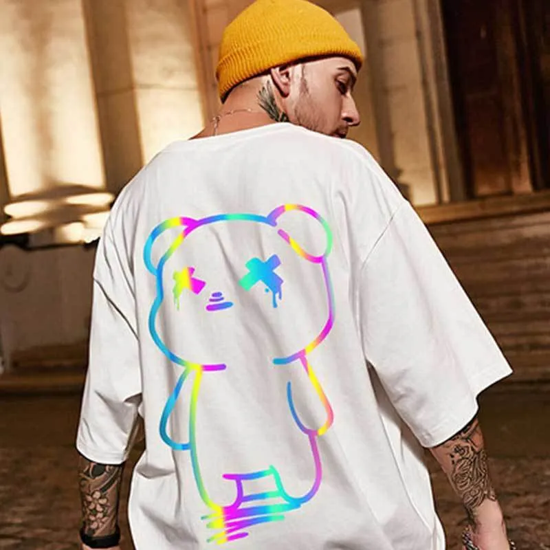 Oversize t shirts Cartoon Bear Print Reflective Rainbow T Shirts Harajuku Streetwear Top Tees Cotton Casual Half Sleeve Clothing 220224