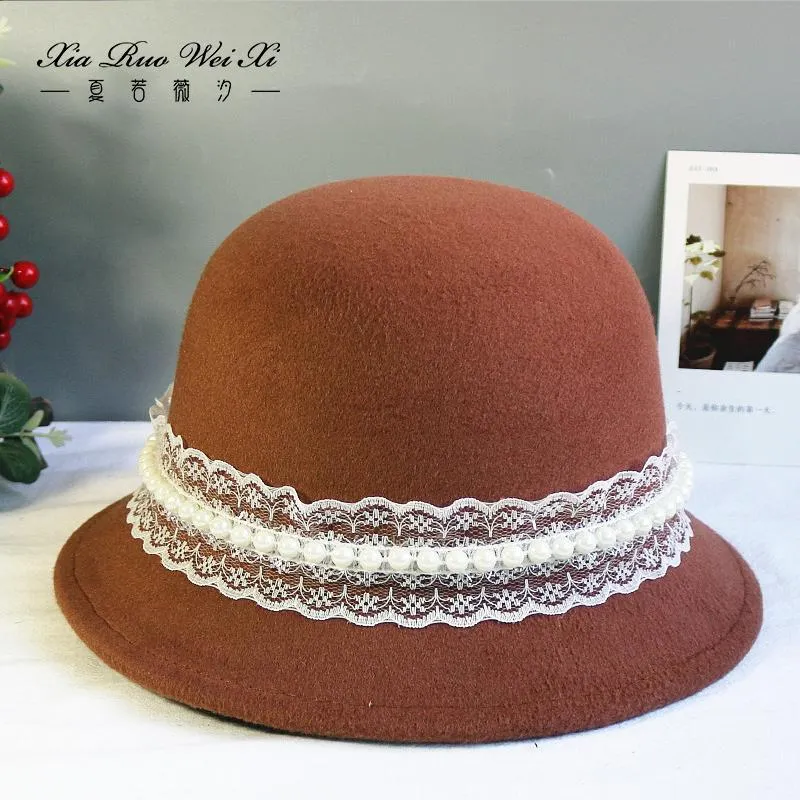 Gierige Rand Hoeden Elegante Kleur Wol Top Voor Vrouwen Mode Straat Lolita Hoed Parel Decoratie Wastafel Emmer Cloche Fedora Cape