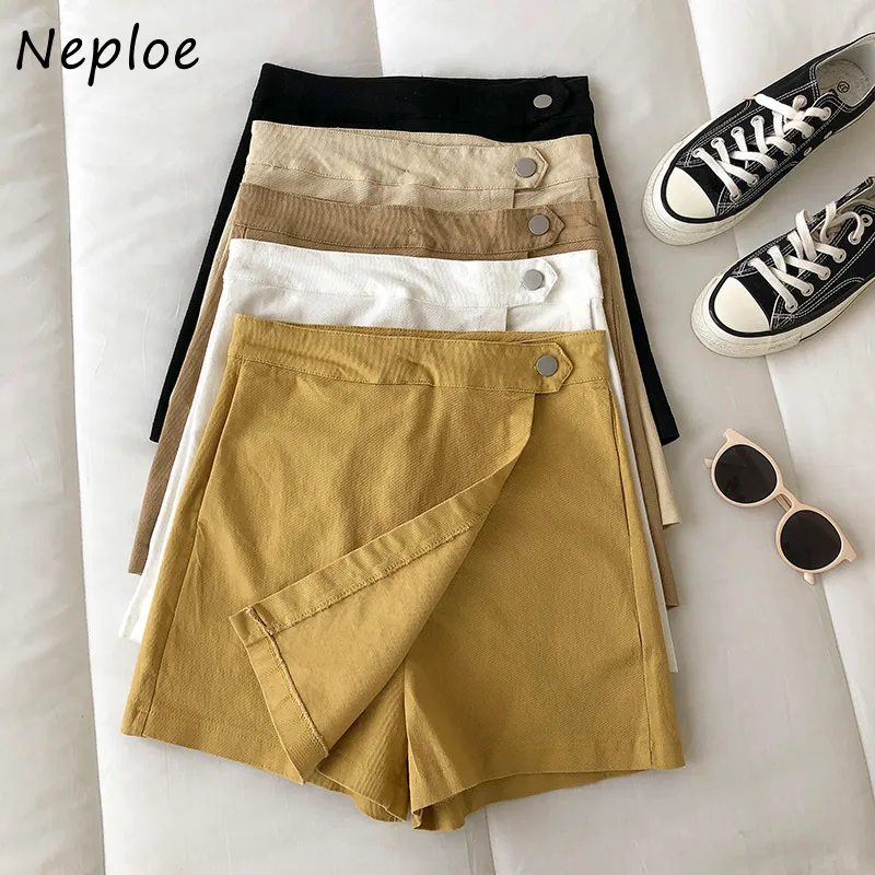 Neploe Hohe Taille Hüfte A-linie Shorts Frauen Taste Design Solide Shorts Feminino Sommer Neue Outwear Schlank 210423