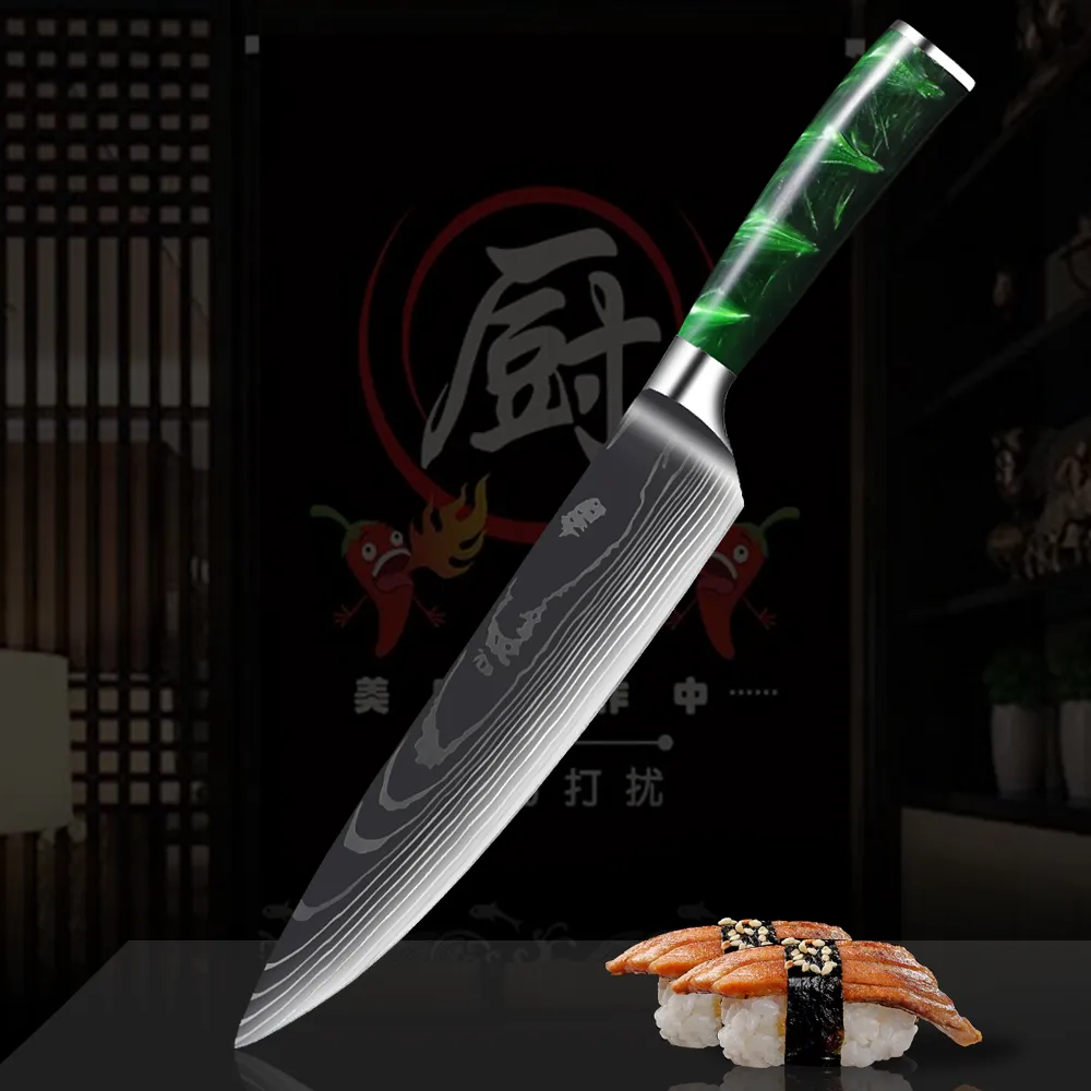 Chef Knife Set Laser Damascus Pattern Sharp Kitchen Knives Cooking Tool Stainless Steel Santoku Cleaver Slicing Utility Green Resin Handle