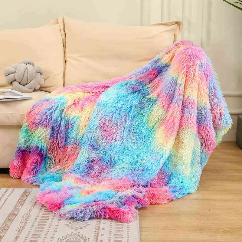 Double Layer Blanket Winter Cozy Warm Long Plush Rainbow Throw Blanket For Sofa Bed Colorful Furry Fluffy Tie Dye Bedspread 211227264o