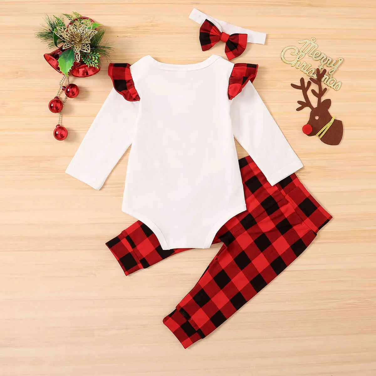 3-24M bébé né bébé fille joyeux Noël vêtements ensemble cerf barboteuse pantalon à carreaux bandeau tenues vêtements de Noël 210515