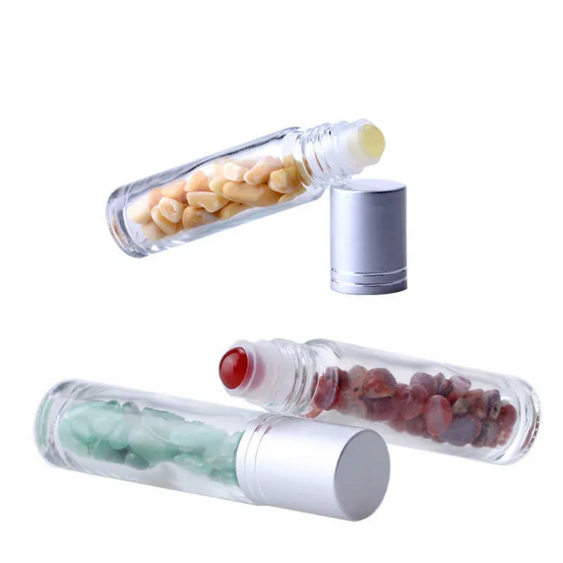 10ML Natural Gemstone Essential Oil Roller Ball Bottles Clear Perfumes Oil Liquids Roll On Bottles With Crystal Chips 