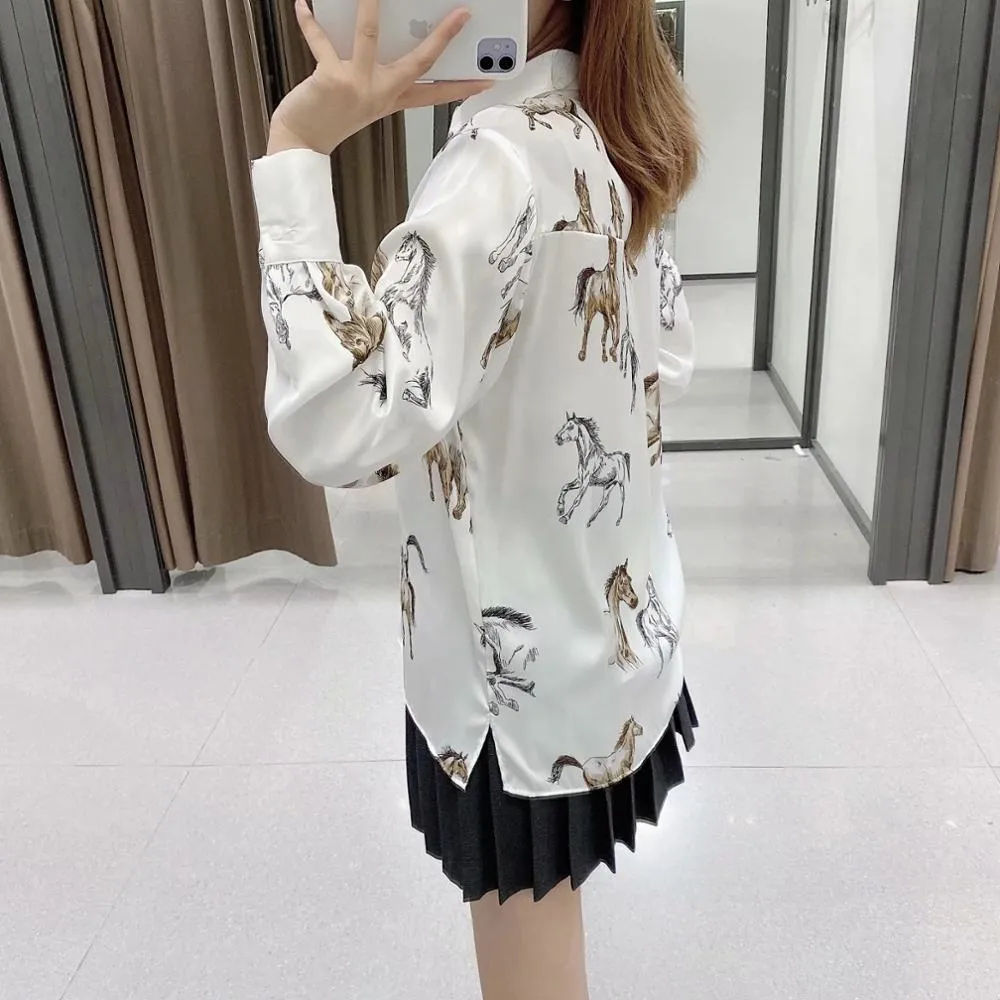 women Vintage animal motif shirt female casual Loose-fitting button-up with a regular collar long sleeves top 210520