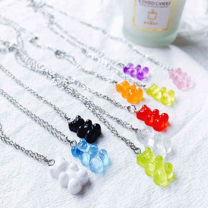 10 färger Söt harts Gummy Bear Chain Halsband Candy Color Hängsmycke för kvinnor Girl's Charm Daglig handgjorda smycken Festpresenter G1206