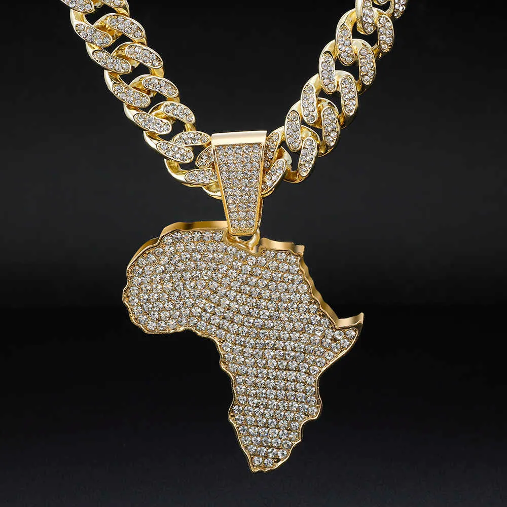 Collar colgante de mapa de África de cristal de moda para mujeres Accesorios de hip hop para hombres Joyería Gargantilla Cadena de eslabones cubanos Regalo 210721