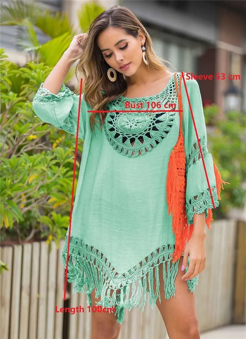 ビーチカバーアップ女性かぎ針編みの袖袖の袖袖の夏のビキニのドレスvスタイルの堅い12色210722
