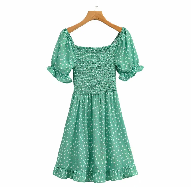 Vuwwwyv Sukienki dla kobiet Chic Green Print Ruffle Ruched Midi Kobieta Sukienka Lato Krótki Rękaw Puffowy Front Krawat Vestidos 210430