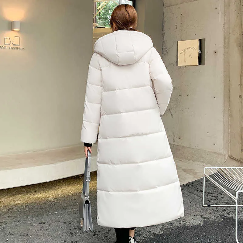 X-Long Winter Jacket Kvinnors tjocka casual huva bomull vadderad parka för kvinnlig solid varm lång quiltad kappa utkläder 211223