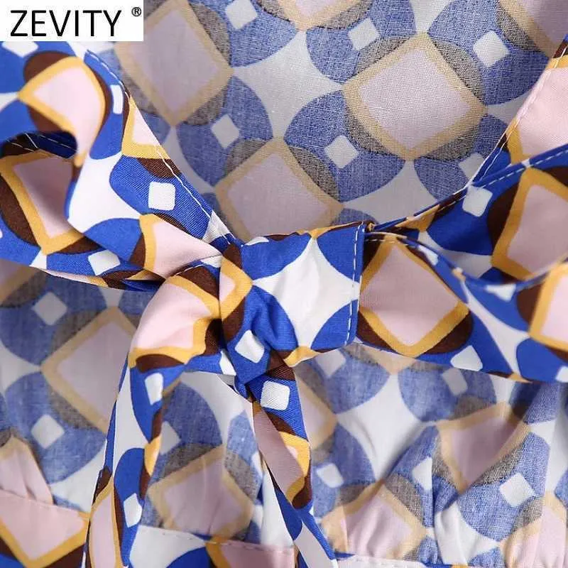 Zevity Women Vintage Geometric Print Short Sling Shirt Ladies Sexig Backless Bow Bundet Blus Roupas Chic Crop Blusas Toppar LS9393 210603