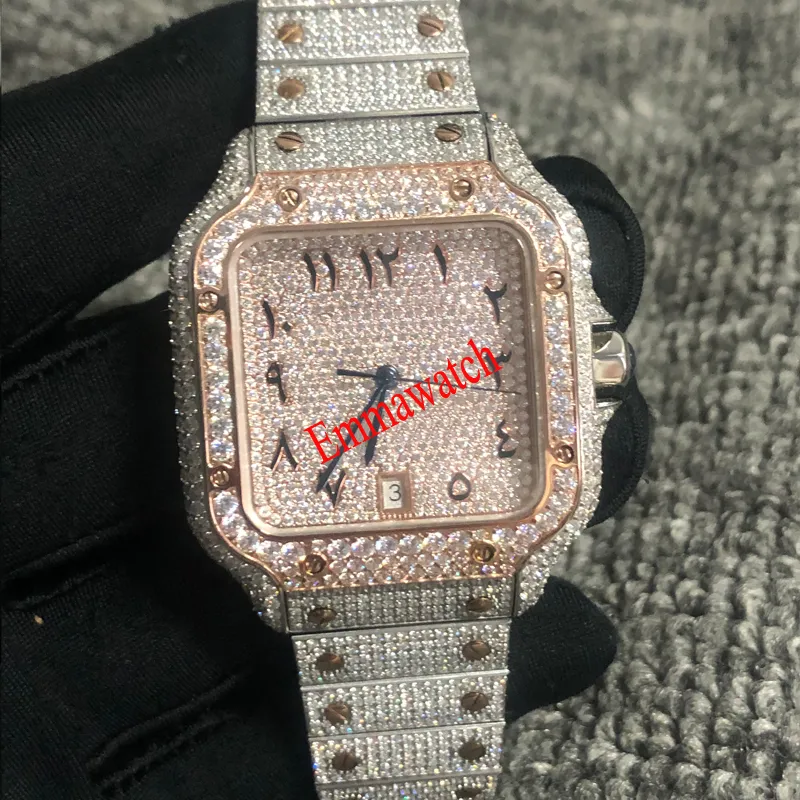 Orologio in oro rosa misto argento zirconi con diamanti numeri romani lusso MISSFOX quadrato meccanico da uomo orologi completamente ghiacciati Cub329q