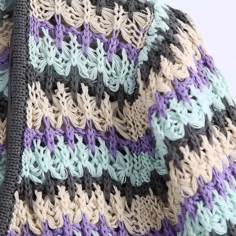 夏の女性の色の中空かぎ針編み編み短いセーター女性VネックランタンスリーブプルオーバーカジュアルレディスリムトップスSW1210 210430