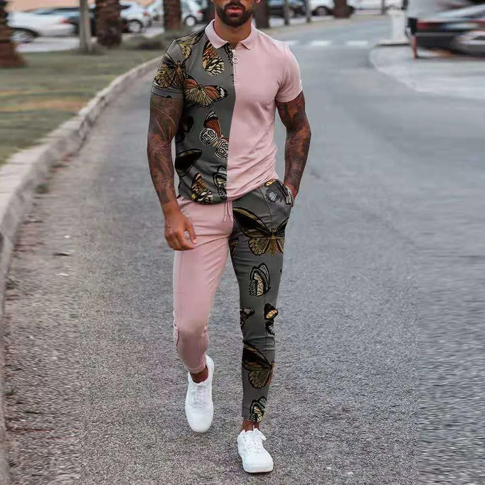 Neue Zweiteilige Männer Anzug Mode Reißverschluss POLO-Shirt + Hose Nähen Druck Lässig Jogger Trainingsanzug Sweatshirt Set Für Männer Kleidung Y0831